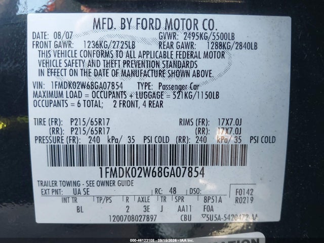 46123108 :رقم المزاد ، 1FMDK02W68GA07854 vin ، 2008 Ford Taurus X Sel مزاد بيع