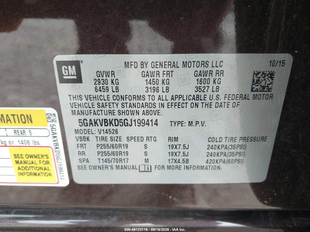 2016 Buick Enclave Leather მანქანა იყიდება აუქციონზე, vin: 5GAKVBKD5GJ199414, აუქციონის ნომერი: 46123116