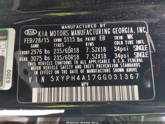 46123120 :رقم المزاد ، 5XYPH4A17GG031367 vin ، 2016 Kia Sorento 2.0t Ex مزاد بيع