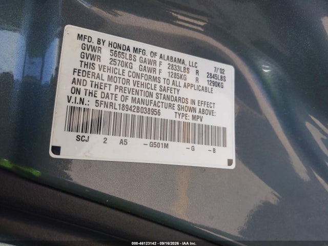 Aukcja sprzedaży 2002 Honda Odyssey Ex-l, vin: 5FNRL18942B038956, numer aukcji: 46123142