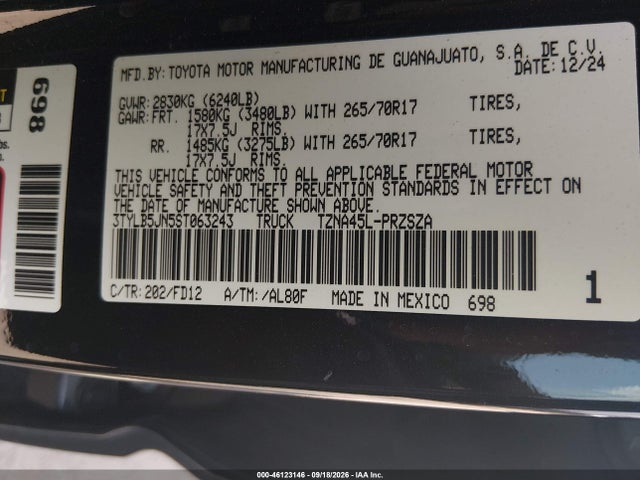 46123146 :رقم المزاد ، 3TYLB5JN5ST063243 vin ، 2025 Toyota Tacoma Trd Off Road مزاد بيع