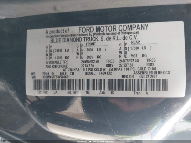 2008 Ford Super Duty F-650 Straight Frame Xl/xlt მანქანა იყიდება აუქციონზე, vin: 3FRWX65F58V680621, აუქციონის ნომერი: 46123154