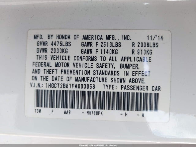 Продажа на аукционе авто 2015 Honda Accord Ex-l V-6, vin: 1HGCT2B81FA003058, номер лота: 46123166