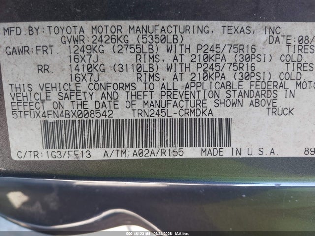 46123168 :رقم المزاد ، 5TFUX4EN4BX008542 vin ، 2011 Toyota Tacoma مزاد بيع
