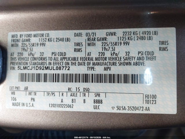 46123174 :رقم المزاد ، 5LMCJ1D92MUL08772 vin ، 2021 Lincoln Corsair Standard مزاد بيع
