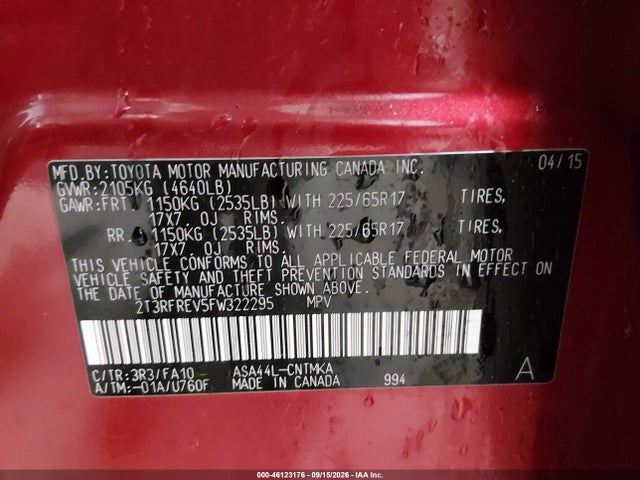 2015 Toyota Rav4 Xle მანქანა იყიდება აუქციონზე, vin: 2T3RFREV5FW322295, აუქციონის ნომერი: 46123176