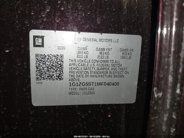 46123181 :رقم المزاد ، 1G1ZG5ST1MF040400 vin ، 2021 Chevrolet Malibu Fwd Rs مزاد بيع
