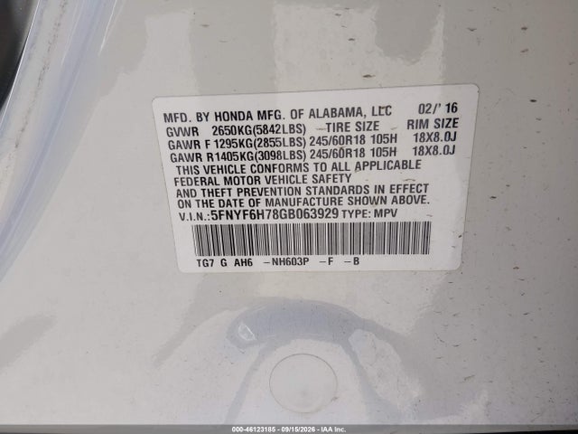 Aukcja sprzedaży 2016 Honda Pilot Ex-l, vin: 5FNYF6H78GB063929, numer aukcji: 46123185