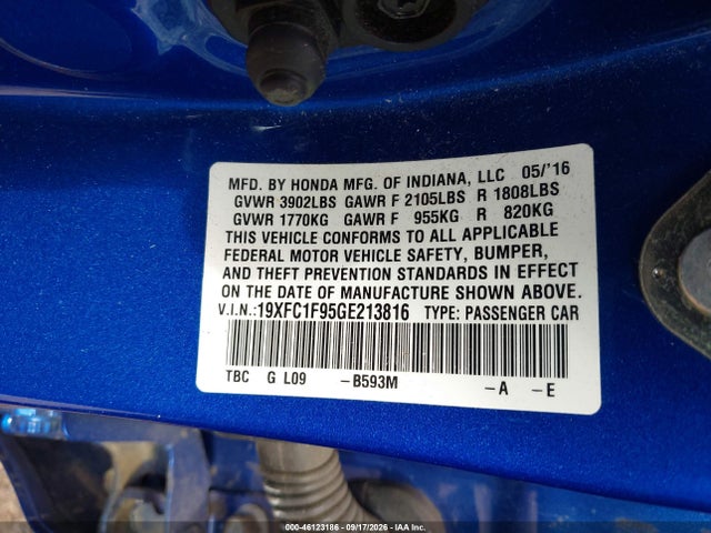 Honda Civic Touring 2016 19XFC1F95GE213816 Image 9