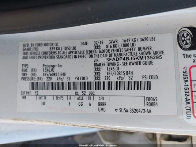 Продаж на аукціоні авто 2019 Ford Fiesta Se, vin: 3FADP4BJ5KM135295, номер лоту: 46123193