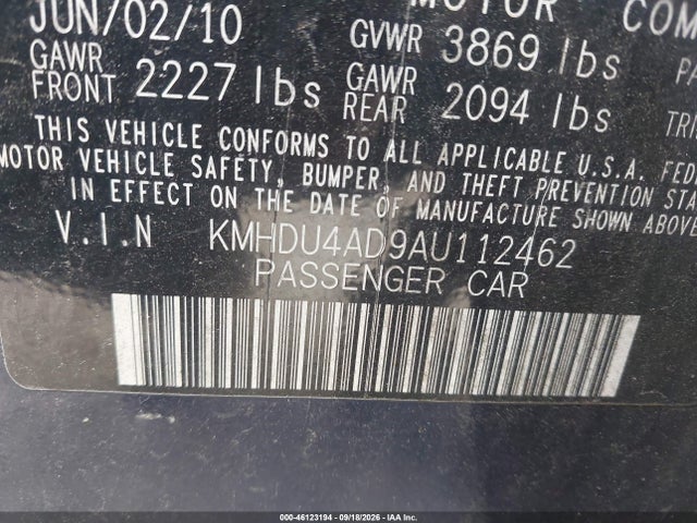 Aukcja sprzedaży 2010 Hyundai Elantra Gls, vin: KMHDU4AD9AU112462, numer aukcji: 46123194
