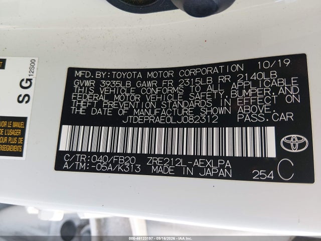 46123197 :رقم المزاد ، JTDEPRAE0LJ082312 vin ، 2020 Toyota Corolla Le مزاد بيع