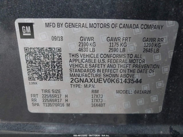 46123202 :رقم المزاد ، 2GNAXUEV0K6143544 vin ، 2019 Chevrolet Equinox Lt مزاد بيع