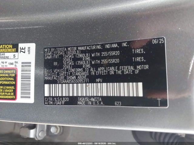 Aukcja sprzedaży 2025 Toyota Grand Highlander Platinum, vin: 5TDAAAB56SS095311, numer aukcji: 46123203