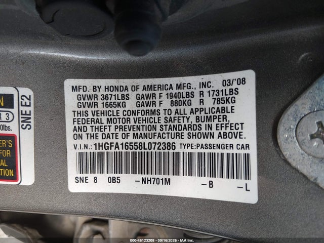 46123208 :رقم المزاد ، 1HGFA16558L072386 vin ، 2008 Honda Civic Lx مزاد بيع