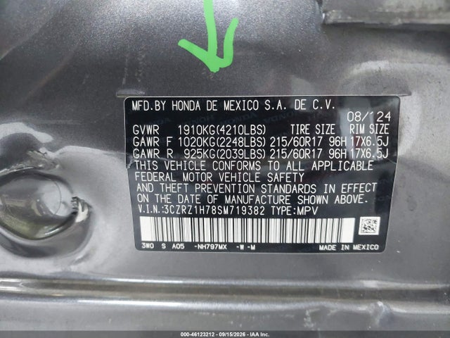 2025 Honda Hr-v 2wd Ex-l მანქანა იყიდება აუქციონზე, vin: 3CZRZ1H78SM719382, აუქციონის ნომერი: 46123212