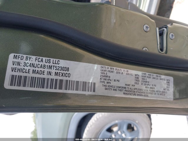 Продажа на аукционе авто 2021 Jeep Compass Sport Fwd, vin: 3C4NJCAB1MT523038, номер лота: 46123215