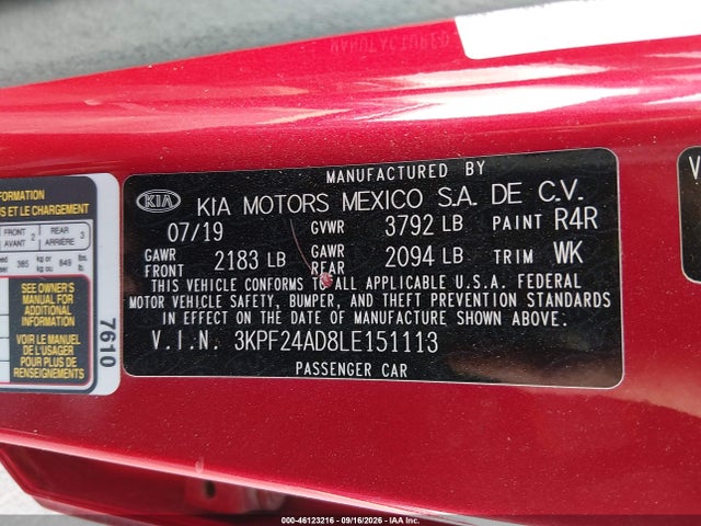 Aukcja sprzedaży 2020 Kia Forte Lxs, vin: 3KPF24AD8LE151113, numer aukcji: 46123216