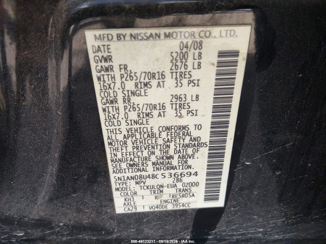 2008 Nissan Xterra X მანქანა იყიდება აუქციონზე, vin: 5N1AN08U48C536694, აუქციონის ნომერი: 46123217
