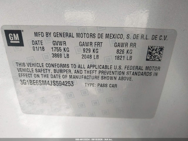 46123224 :رقم المزاد ، 3G1BE6SM4JS594253 vin ، 2018 Chevrolet Cruze Lt Auto مزاد بيع
