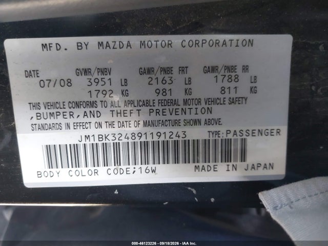 Aukcja sprzedaży 2009 Mazda 3 S, vin: JM1BK324891191243, numer aukcji: 46123226