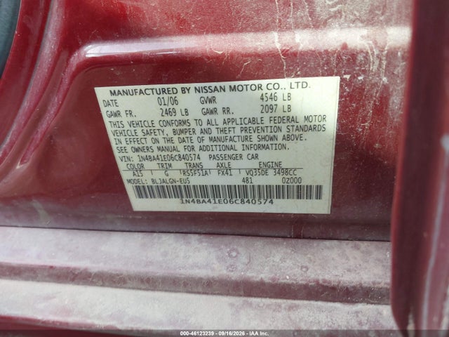 Продаж на аукціоні авто 2006 Nissan Maxima 3.5 Sl, vin: 1N4BA41E06C840574, номер лоту: 46123239