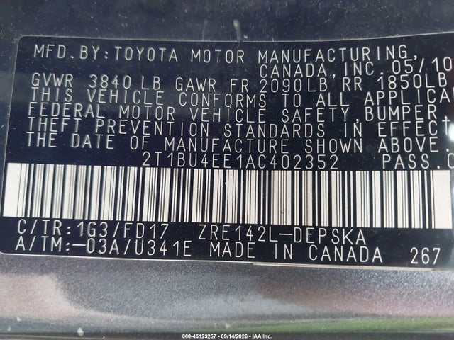 2010 Toyota Corolla S მანქანა იყიდება აუქციონზე, vin: 2T1BU4EE1AC402352, აუქციონის ნომერი: 46123257