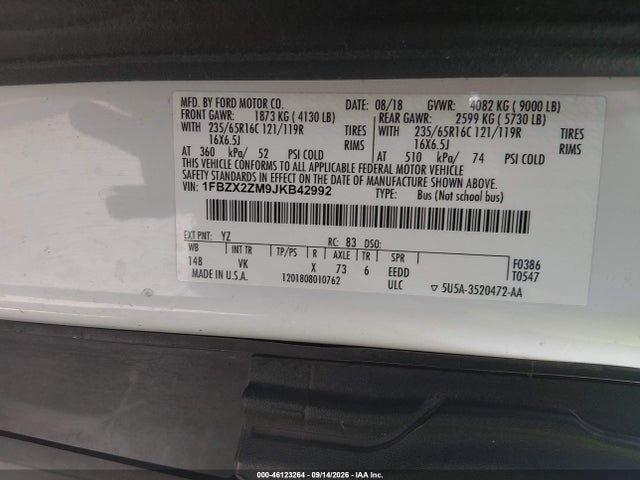 Aukcja sprzedaży 2018 Ford Transit-350 Xl, vin: 1FBZX2ZM9JKB42992, numer aukcji: 46123264