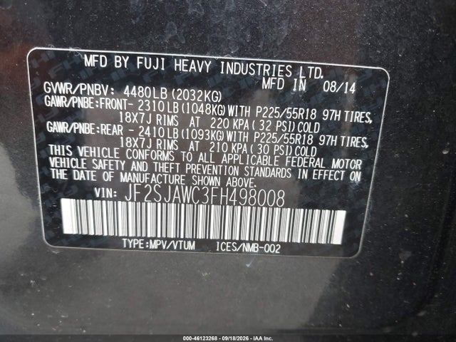 46123268 :رقم المزاد ، JF2SJAWC3FH498008 vin ، 2015 Subaru Forester 2.5i Touring مزاد بيع