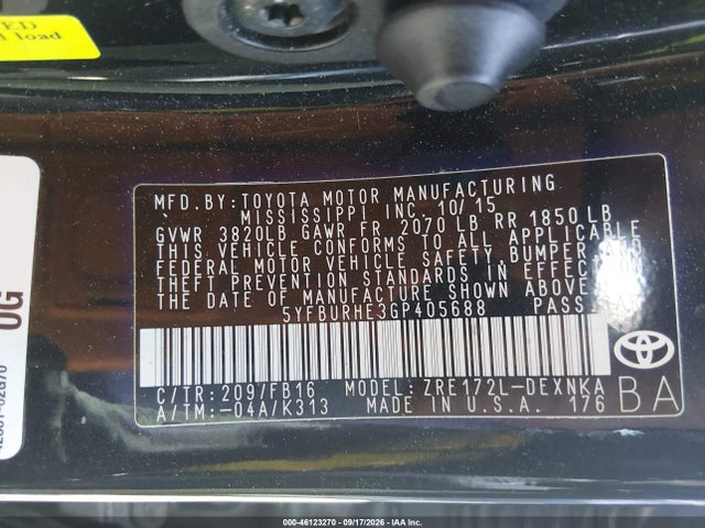 Auction sale of the 2016 Toyota Corolla Le, vin: 5YFBURHE3GP405688, lot number: 46123270