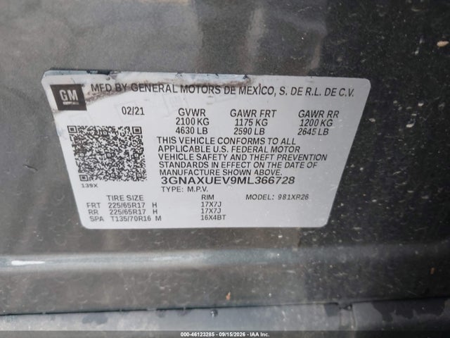 Aukcja sprzedaży 2021 Chevrolet Equinox Awd Lt, vin: 3GNAXUEV9ML366728, numer aukcji: 46123285