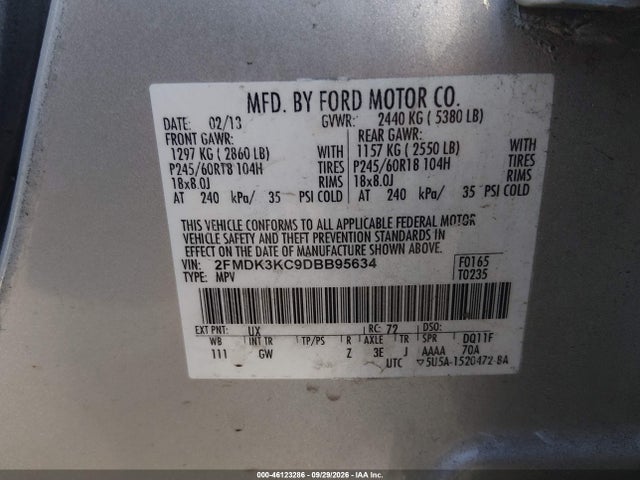 46123286 :رقم المزاد ، 2FMDK3KC9DBB95634 vin ، 2013 Ford Edge Limited مزاد بيع