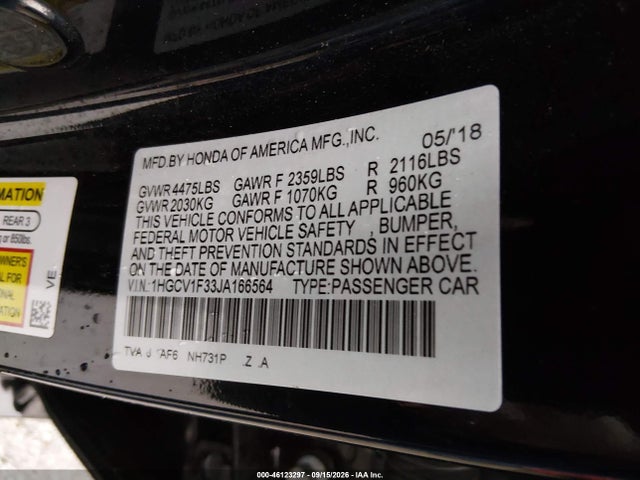 Продаж на аукціоні авто 2018 Honda Accord Sport, vin: 1HGCV1F33JA166564, номер лоту: 46123297