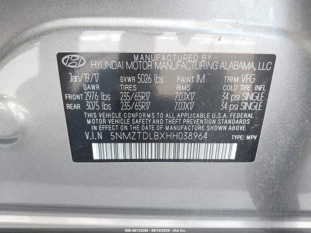 46123298 :رقم المزاد ، 5NMZTDLBXHH038964 vin ، 2017 Hyundai Santa Fe Sport 2.4l مزاد بيع