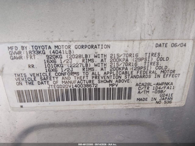 2004 Toyota Rav4 მანქანა იყიდება აუქციონზე, vin: JTEGD20V140038672, აუქციონის ნომერი: 46123305