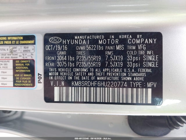 Aukcja sprzedaży 2017 Hyundai Santa Fe Limited Ultimate, vin: KM8SRDHF6HU220774, numer aukcji: 46123346