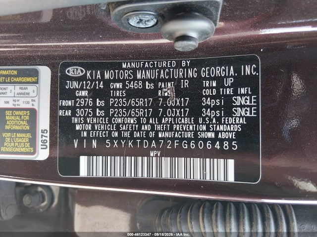 Aukcja sprzedaży 2015 Kia Sorento Lx V6, vin: 5XYKTDA72FG606485, numer aukcji: 46123347