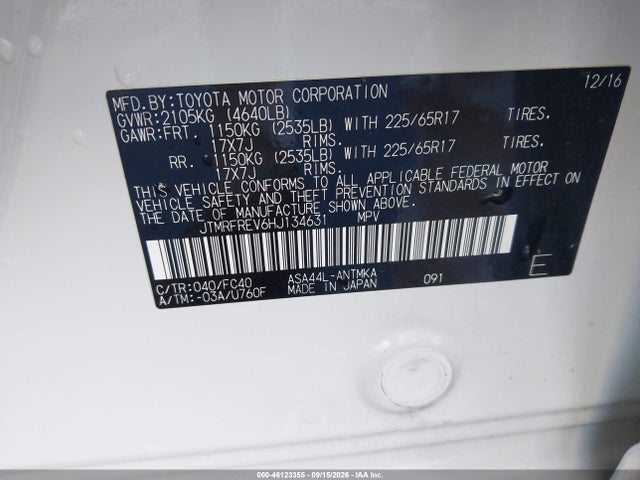 Aukcja sprzedaży 2017 Toyota Rav4 Xle, vin: JTMRFREV6HJ134631, numer aukcji: 46123355