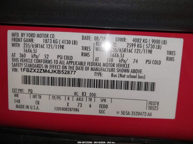 46123356 :رقم المزاد ، 1FBZX2ZM4JKB52877 vin ، 2018 Ford Transit-350 Xl مزاد بيع