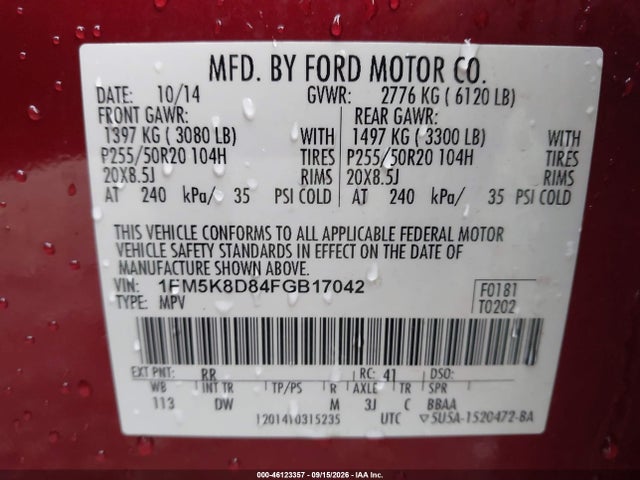 2015 Ford Explorer Xlt მანქანა იყიდება აუქციონზე, vin: 1FM5K8D84FGB17042, აუქციონის ნომერი: 46123357