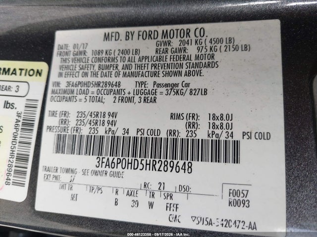 Продаж на аукціоні авто 2017 Ford Fusion Se, vin: 3FA6P0HD5HR289648, номер лоту: 46123358