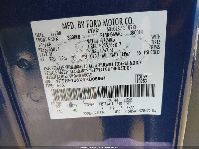 46123360 :رقم المزاد ، 1FTRF128X9KB05564 vin ، 2009 Ford F-150 Xl/xlt مزاد بيع