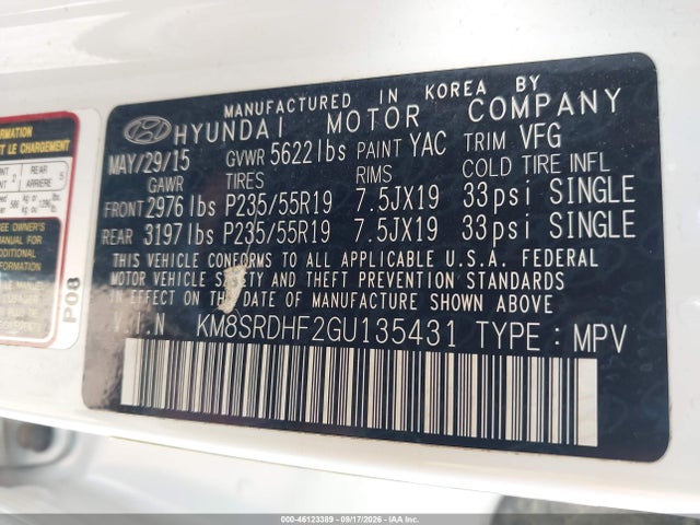 Aukcja sprzedaży 2016 Hyundai Santa Fe Se, vin: KM8SRDHF2GU135431, numer aukcji: 46123389