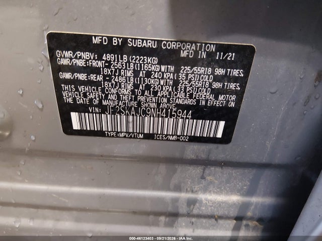 46123403 :رقم المزاد ، JF2SKAJC9NH415944 vin ، 2022 Subaru Forester Sport مزاد بيع