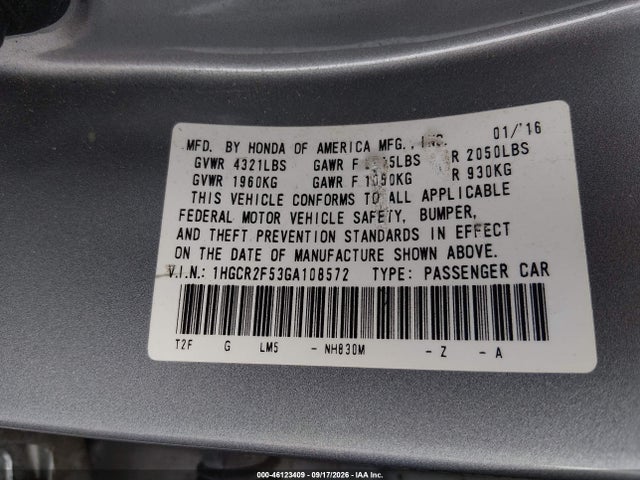 2016 Honda Accord Sport მანქანა იყიდება აუქციონზე, vin: 1HGCR2F53GA108572, აუქციონის ნომერი: 46123409