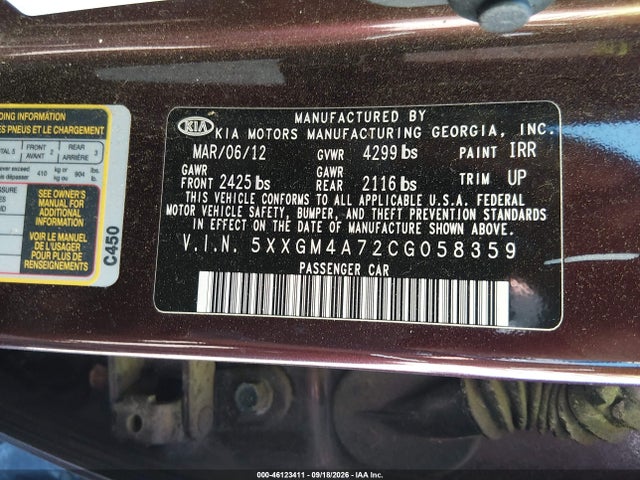 Aukcja sprzedaży 2012 Kia Optima Lx, vin: 5XXGM4A72CG058359, numer aukcji: 46123411