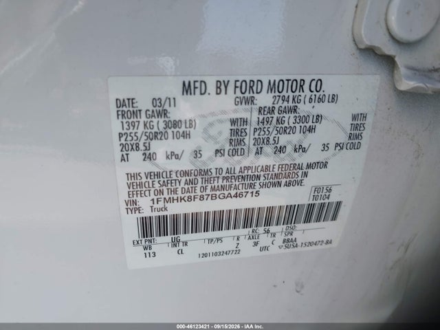 Aukcja sprzedaży 2011 Ford Explorer Limited, vin: 1FMHK8F87BGA46715, numer aukcji: 46123421
