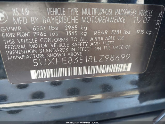 46123425 :رقم المزاد ، 5UXFE83518LZ98699 vin ، 2008 Bmw X5 4.8i مزاد بيع