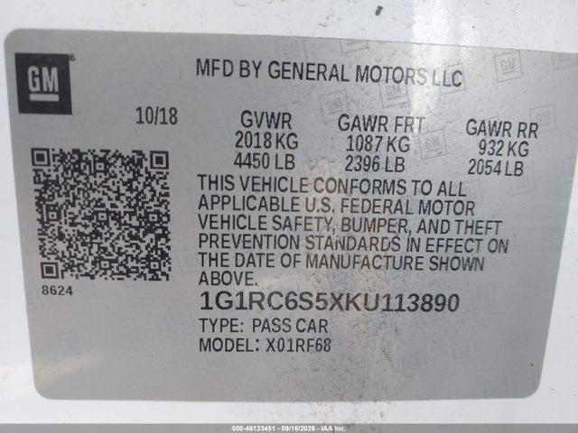 Aukcja sprzedaży 2019 Chevrolet Volt Lt, vin: 1G1RC6S5XKU113890, numer aukcji: 46123451