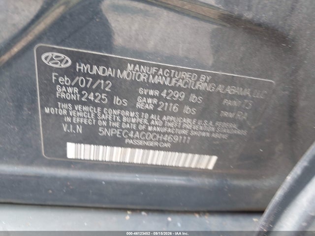 2012 Hyundai Sonata Se მანქანა იყიდება აუქციონზე, vin: 5NPEC4AC0CH469111, აუქციონის ნომერი: 46123452